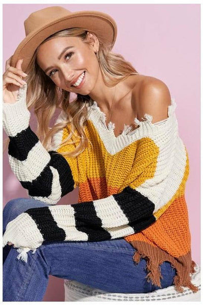 Candy Corn Color Block Raw Hem Sweater