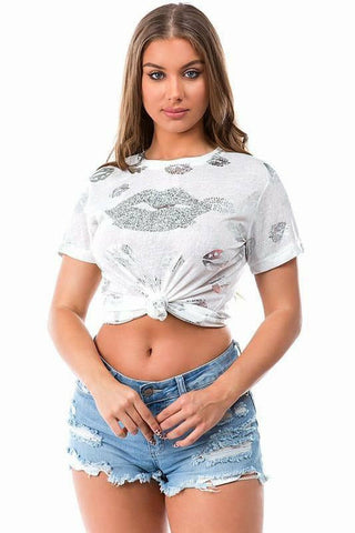 Rhinestone & Foil Lips Print Top - White