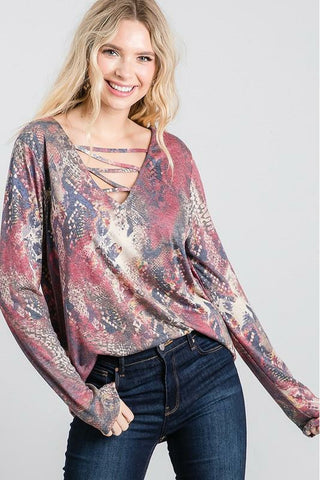 Long Sleeve Snake Print Top - Wine Multi