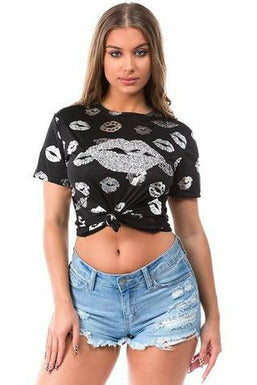 Rhinestone & Foil Lips Print Top - Black