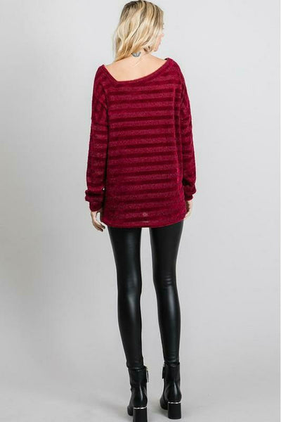 Chenille Stripe with Lurex Off the Shoulder Long Sleeve Top - Burgundy