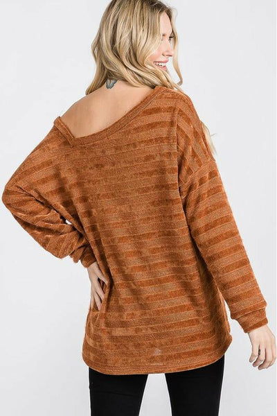 Chenille Stripe with Lurex Off the Shoulder Long Sleeve Top - Rust