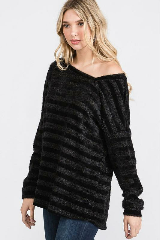 Chenille Stripe with Lurex Off the Shoulder Long Sleeve Top - Black