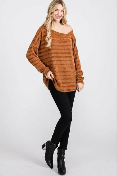 Chenille Stripe with Lurex Off the Shoulder Long Sleeve Top - Rust
