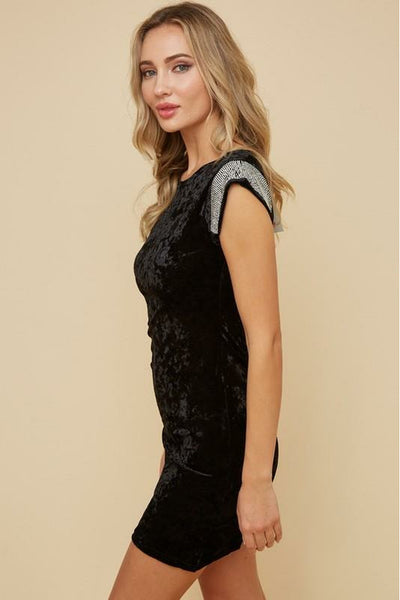Black Velvet Mini Dress with Studs Trim On Shoulder