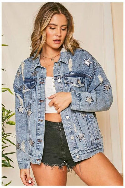Distressed Denim Jacket with Silver Sequin Stars