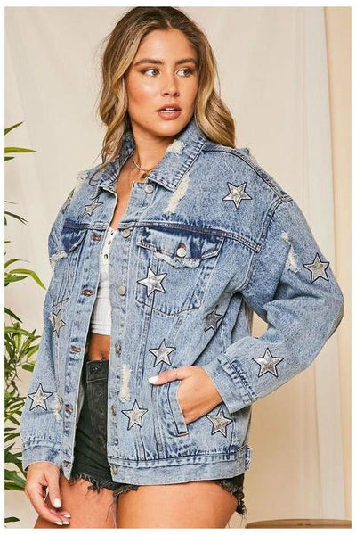 Distressed Denim Jacket with Silver Sequin Stars