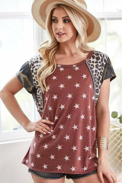 Vintage Red Star Printed French Terry Top with Leopard & Camo Print