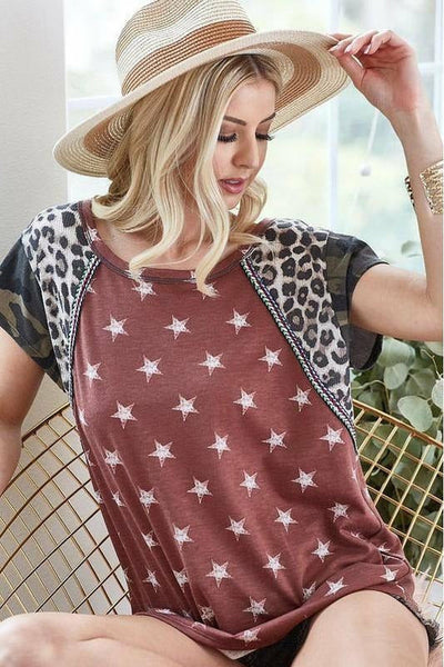 Vintage Red Star Printed French Terry Top with Leopard & Camo Print