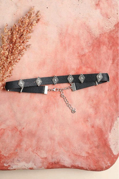 Metal Diamond Charm Vegan Leather Choker Necklace