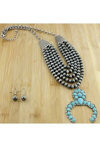 Turquoise Squash Blossom Necklace Set - Silver
