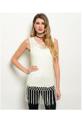 Ivory Crocheted Knit Fringe Tank