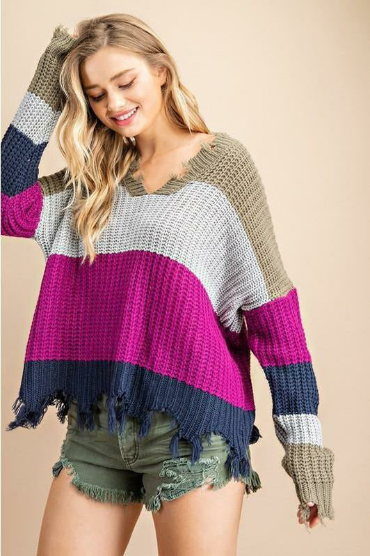 Orchid Distressed Color Block Sweater