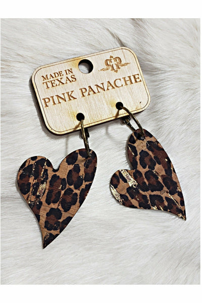 Pink Panache Heart Shaped Leopard Cork Earrings
