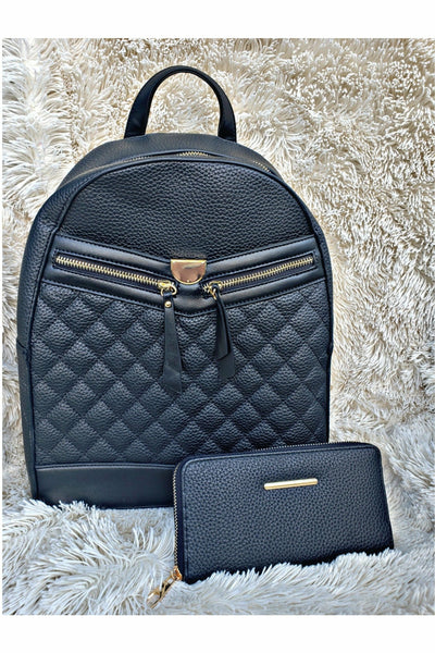 Boujie Bee Quilted Black Backpack/Wallet Set