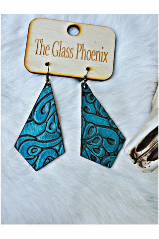 Inverted Kite Turquoise Embossed Leather Earrings