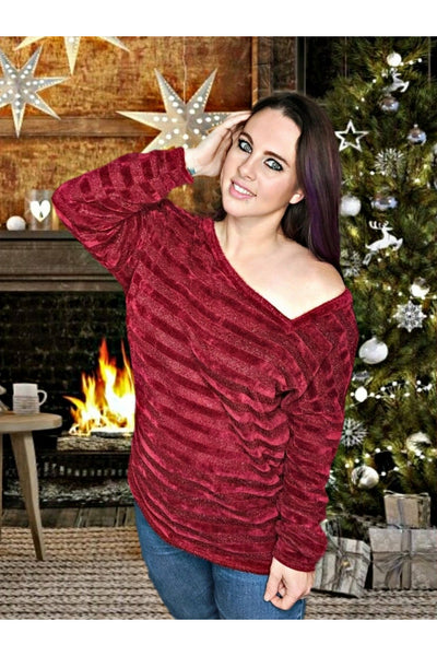 Chenille Stripe with Lurex Off the Shoulder Long Sleeve Top - Burgundy