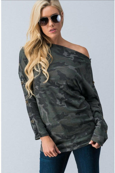Camo Off Shoulder Buttoned Sleeve Waffle Top