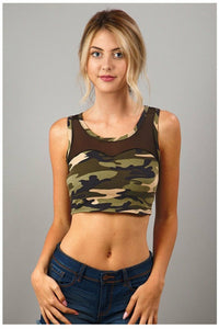 Camo Sleeveless Cropped Top with Mesh Detail