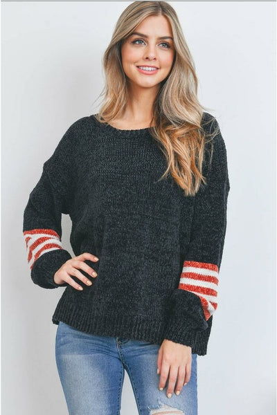 Black Knit Sweater with Orange/Ivory Striped Sleeves