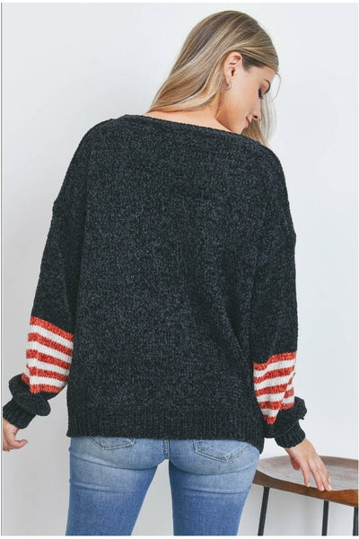 Black Knit Sweater with Orange/Ivory Striped Sleeves