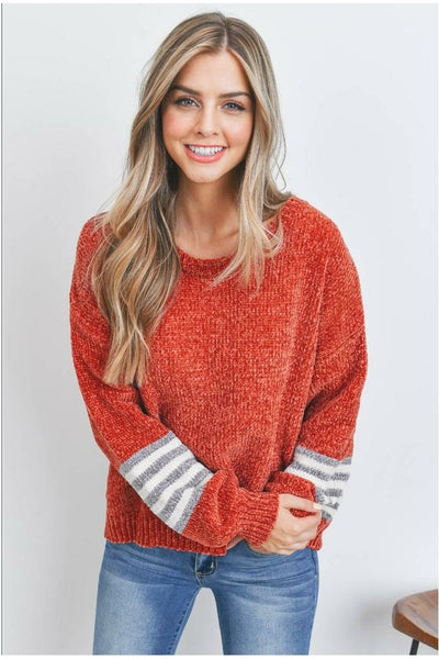 Rust Knit Sweater with Grey/Ivory Striped Sleeves