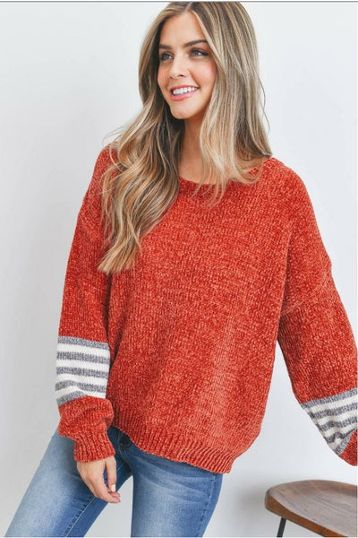 Rust Knit Sweater with Grey/Ivory Striped Sleeves