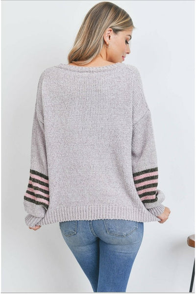Grey Knit Sweater with Pink/ Chocolate Striped Sleeves