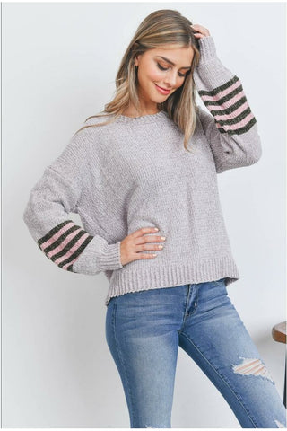 Grey Knit Sweater with Pink/ Chocolate Striped Sleeves