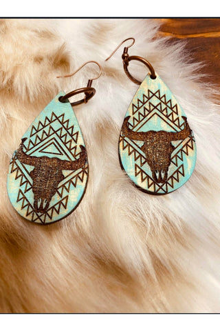 Aztec Turquoise Washed Engraved Wooden Earrings