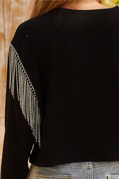 Rhinestone Fringe Shoulder Cropped Sweater Top - Black